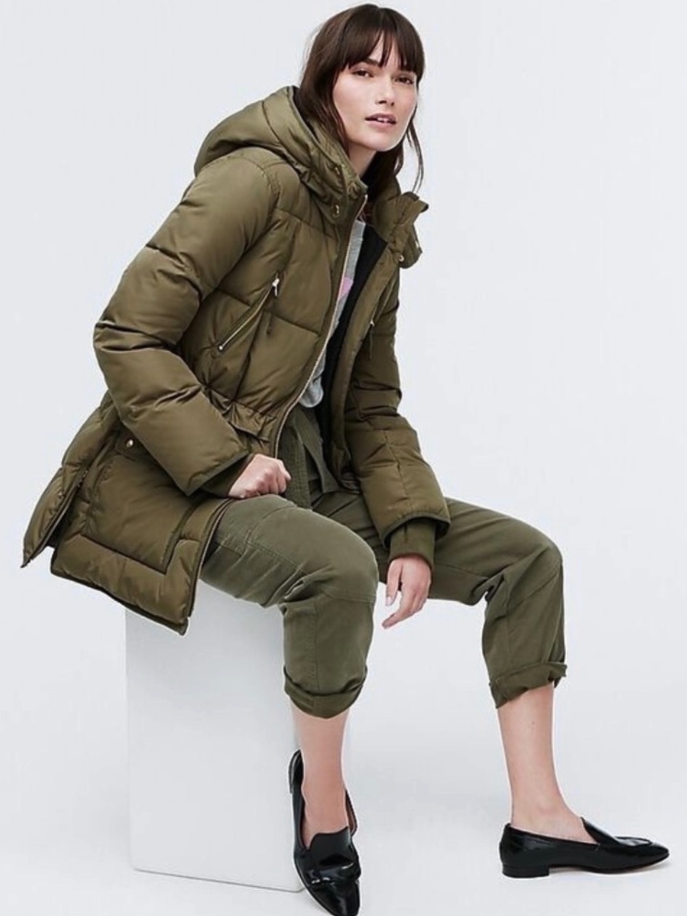 J. Crew Chateau Puffer Jacket with PrimaLoft Hooded Coat Olive Green Size S TALL